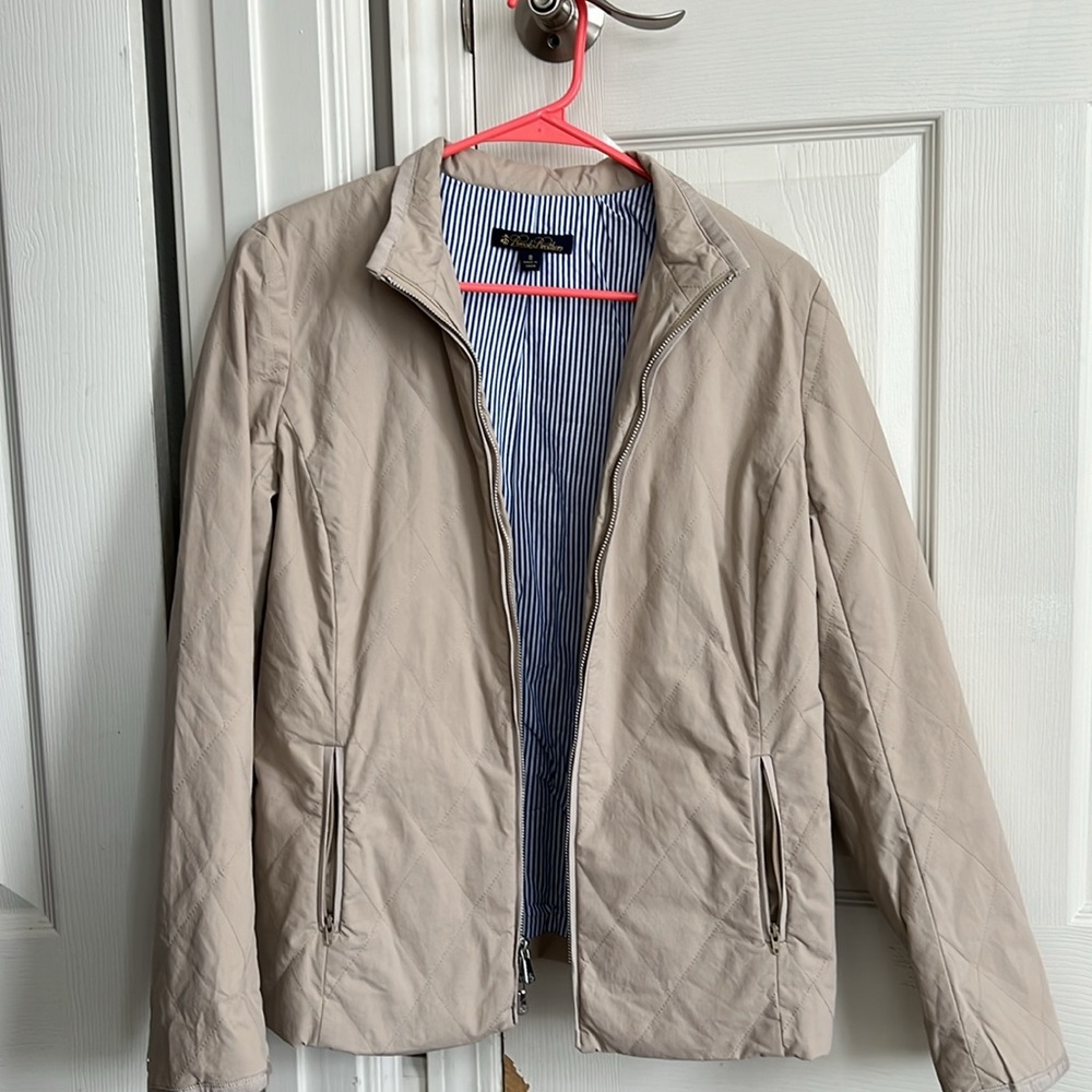 Brooks Brothers beige Khaki double zipper short collar quilted jacket w/ pockets